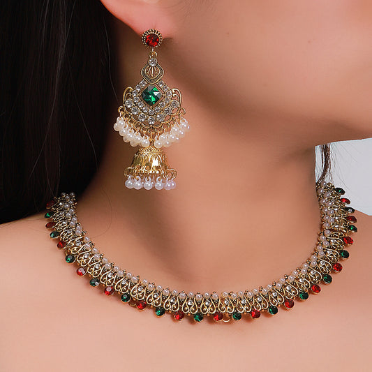 Indian Gold-Tone Pearl & Ruby Green Stone Jhumka & Choker Set