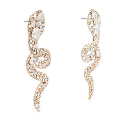 Gold Tone Crystal Pave Snake Dangle Earrings – Rhinestone Serpent Statement Jewelry for Party & Club