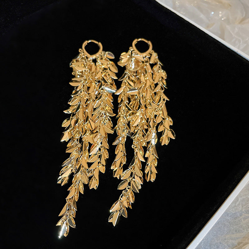 Gold Leaf Cascade Chandelier Earrings | Grecian Goddess Statement Earrings