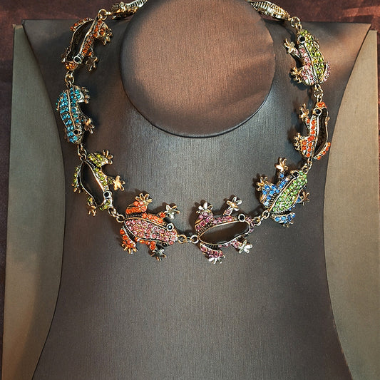 Multi-Color Crystal Frog Statement Necklace | Whimsical Animal Jewelry
