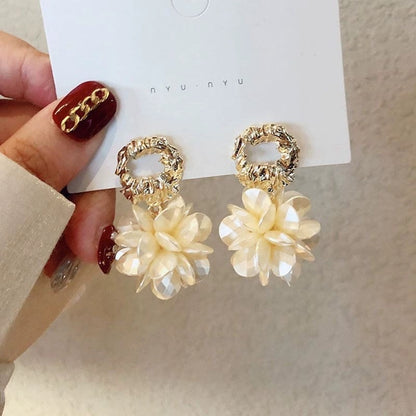 Elegant Gold & Pearl Flower Drop Earrings | Statement Dangle Jewelry for Women