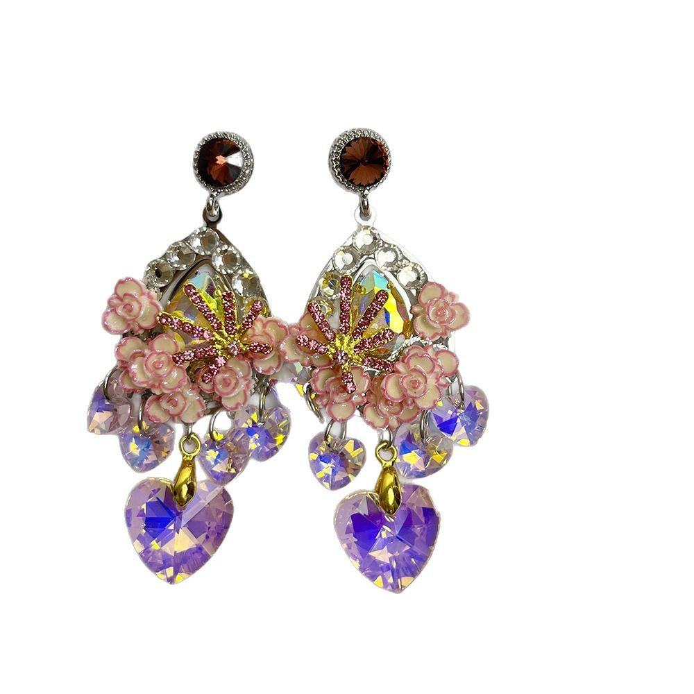 Fairycore Pink Rose & Crystal Heart Drop Earrings – Iridescent Coquette Dangle Jewelry for Party or Cosplay