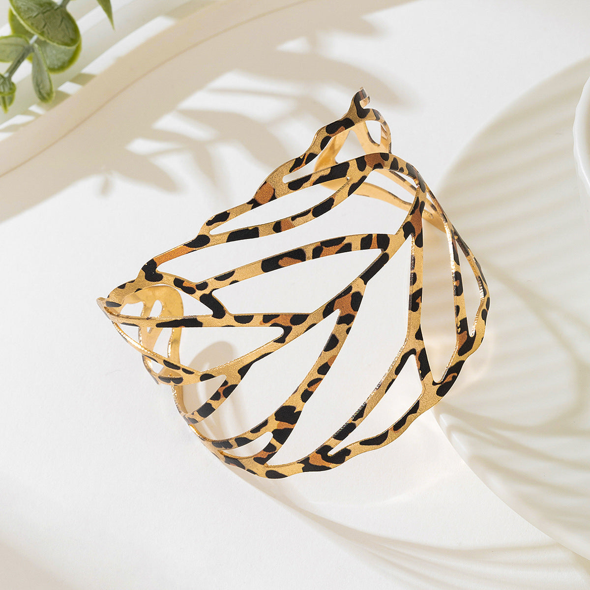 Leopard Print Leaf Cutout Cuff Bracelet and Ring Set