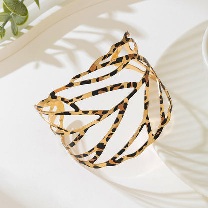Leopard Print Leaf Cutout Cuff Bracelet and Ring Set