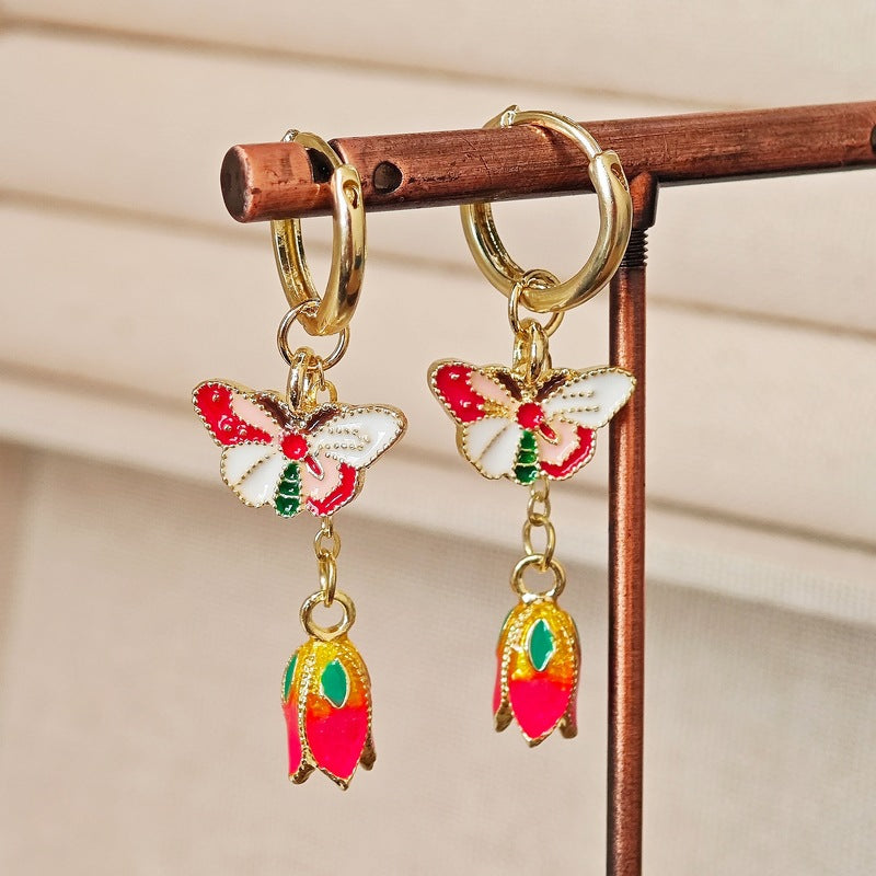 Whimsical Enamel Butterfly & Tulip Charm Hoop Earrings