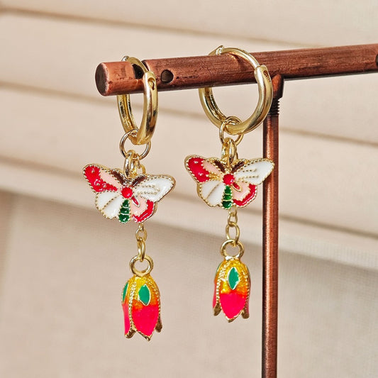 Whimsical Enamel Butterfly & Tulip Charm Hoop Earrings