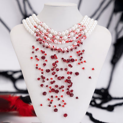 Bloody Pearl Choker Necklace – Gothic Vampire Jewelry with Red Dripping Beads for Halloween & Cosplay