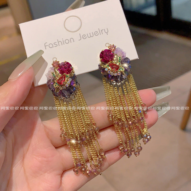 Colorful Floral Bouquet Tassel Earrings | Gold Chain Fringe Earrings