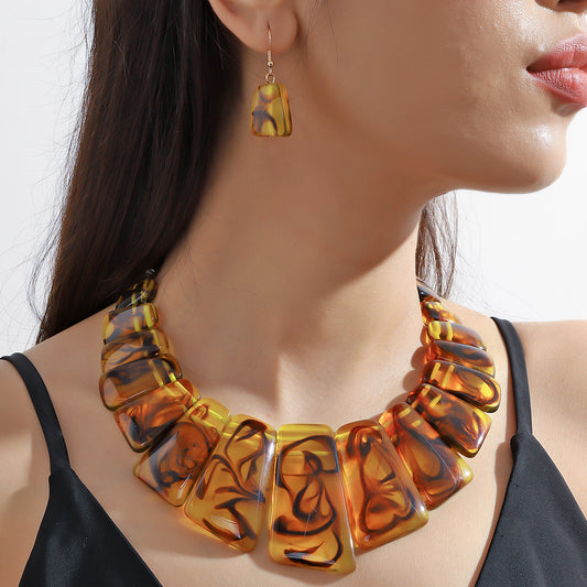 Amber Resin Tortoiseshell Statement Necklace & Earring Set