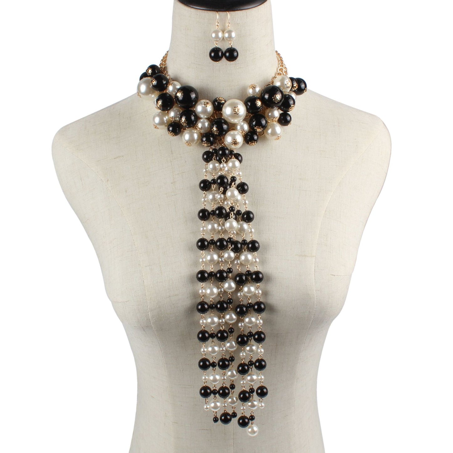 Elegant Multi-Strand Pearl Necklace Set - Black, Golden & White Pearls