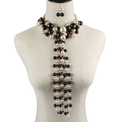 Elegant Multi-Strand Pearl Necklace Set - Black, Golden & White Pearls