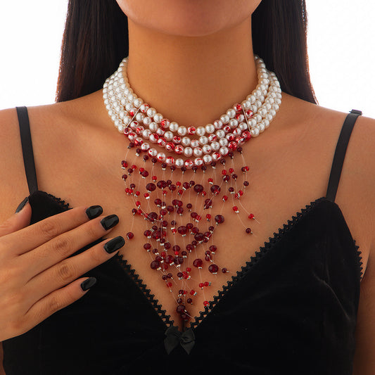 Bloody Pearl Choker Necklace – Gothic Vampire Jewelry with Red Dripping Beads for Halloween & Cosplay