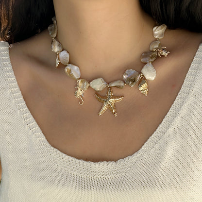 Irregular Pearl & Gold Sea Charm Choker Necklace