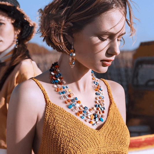 "Sunset Coast" Multi-Strand Beaded Necklace & Earrings Set | Natural Stone Chip Jewelry