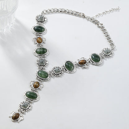Bohemian Y-Necklace with Green Stones | Vintage Silver Lariat Statement Jewelry