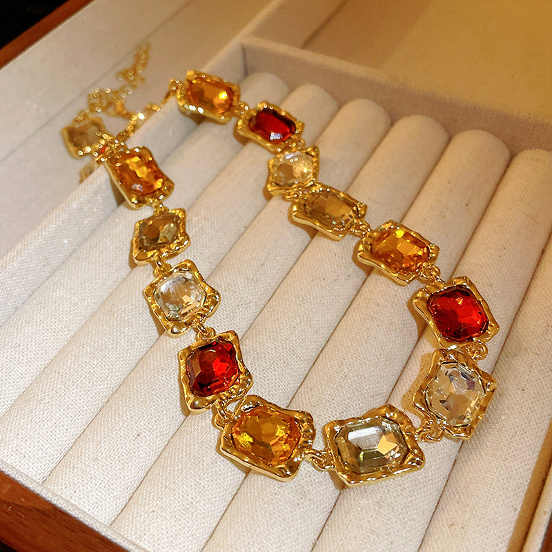 Multi-Color Crystal Statement Jewelry Set | Vintage Gold Necklace & Earrings