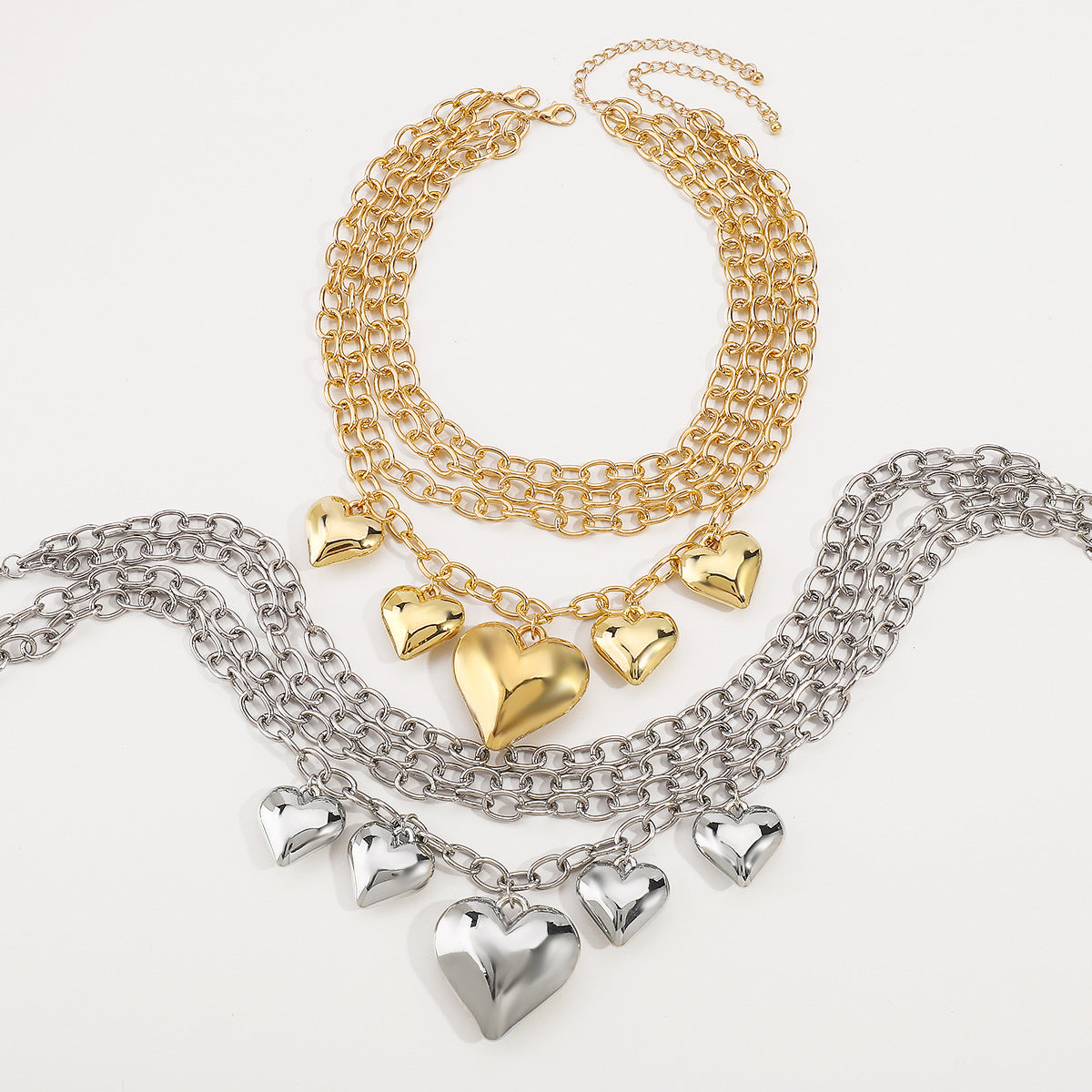 Layered Gold Heart Charm Necklace | Chunky Multi-Strand Statement Jewelry