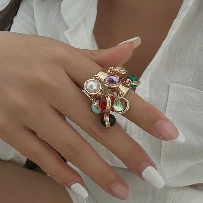 Statement Cluster Ring with Dangling Stone Beads | Wide Hammered Gold Band
