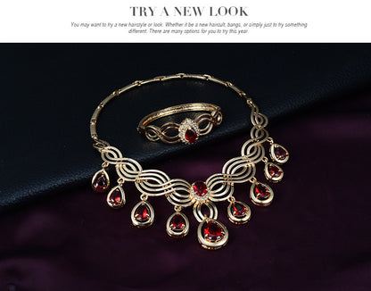 4-Piece Red Crystal Jewelry Set | Gold Statement Necklace, Earrings, Bracelet & Ring