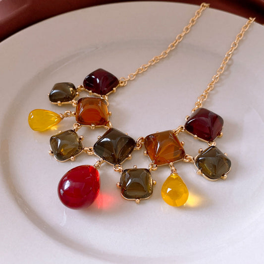 Multi-Color Stone Bib Necklace | Vintage Gold Autumnal Statement Jewelry