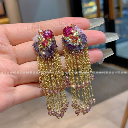 Colorful Floral Bouquet Tassel Earrings | Gold Chain Fringe Earrings