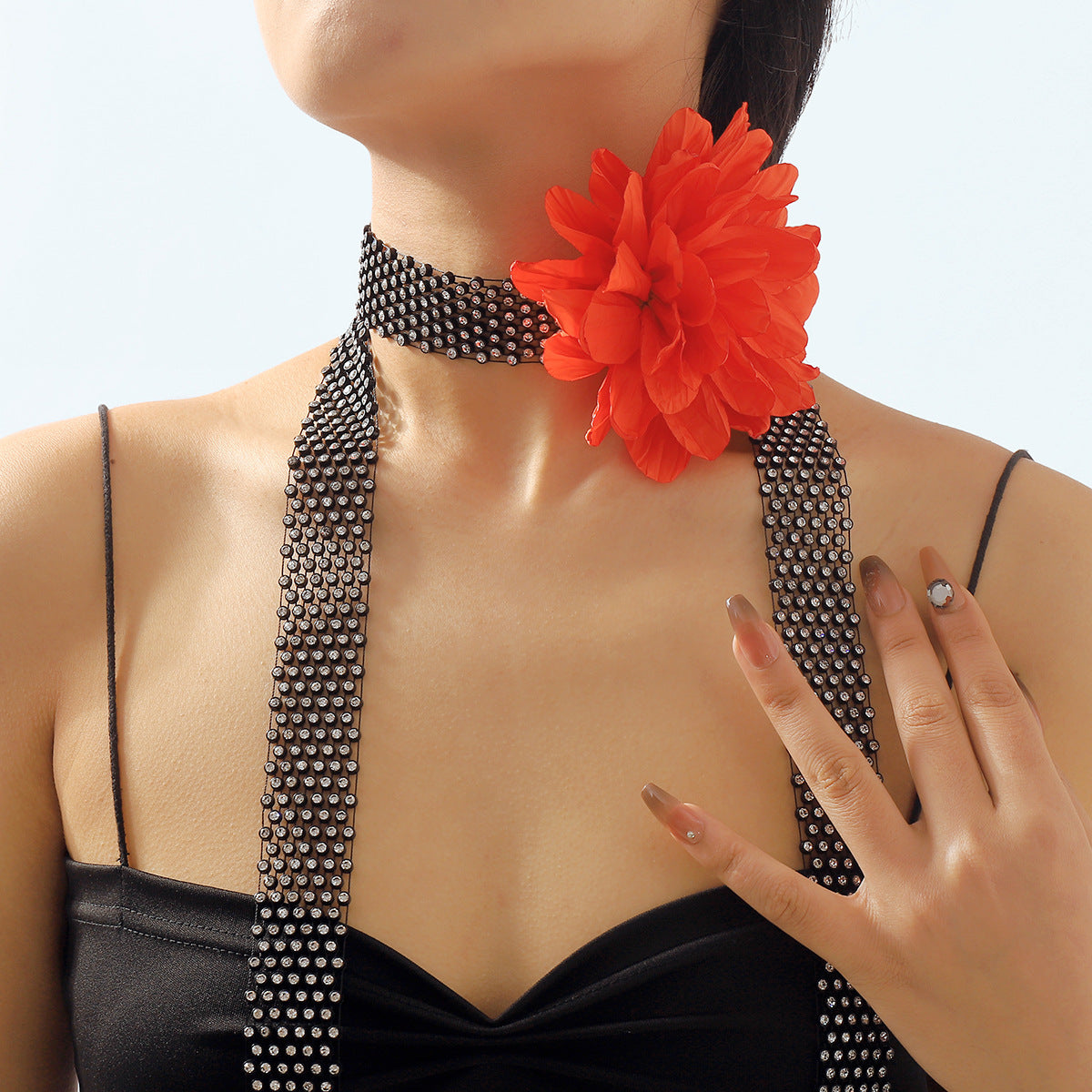 Bold Red Floral Choker Necklace with Rhinestone Tassels