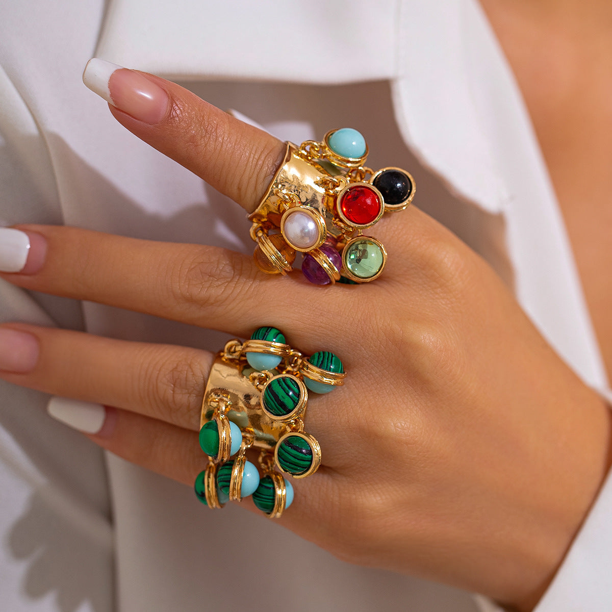 Statement Cluster Ring with Dangling Stone Beads | Wide Hammered Gold Band