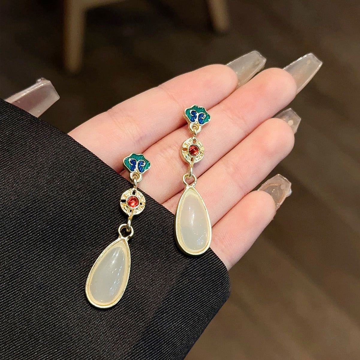 Vintage Asian-Inspired Enamel & Jade Teardrop Earrings