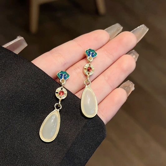 Vintage Asian-Inspired Enamel & Jade Teardrop Earrings
