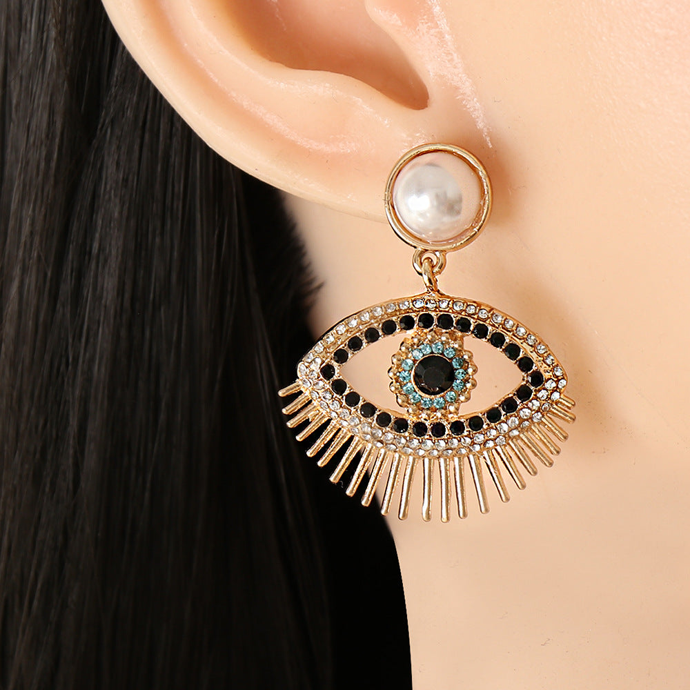 Gold Tone Evil Eye Drop Earrings with Pearl Stud – Crystal Pave Statement Jewelry for Protection & Luck
