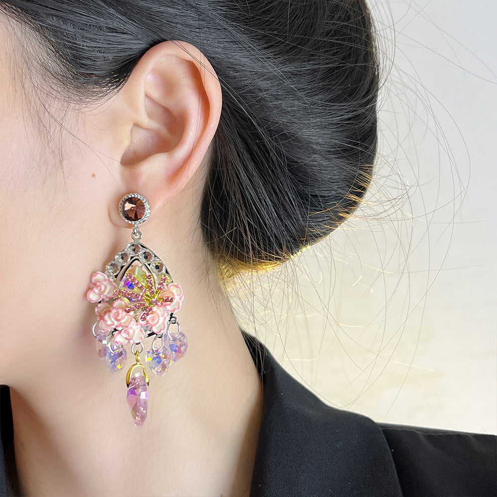 Fairycore Pink Rose & Crystal Heart Drop Earrings – Iridescent Coquette Dangle Jewelry for Party or Cosplay