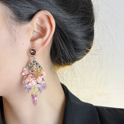 Fairycore Pink Rose & Crystal Heart Drop Earrings – Iridescent Coquette Dangle Jewelry for Party or Cosplay