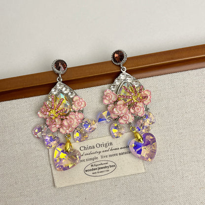 Fairycore Pink Rose & Crystal Heart Drop Earrings – Iridescent Coquette Dangle Jewelry for Party or Cosplay