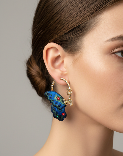Vibrant Embroidered Butterfly Wing Hoop Earring