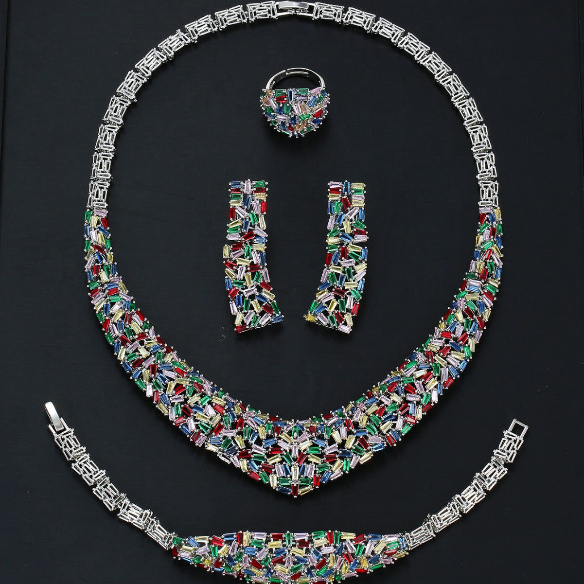 Multi-Color Crystal Statement Jewelry Set | Geometric Silver Necklace & Earrings