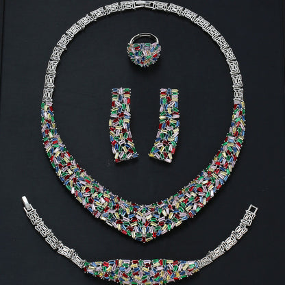 Multi-Color Crystal Statement Jewelry Set | Geometric Silver Necklace & Earrings