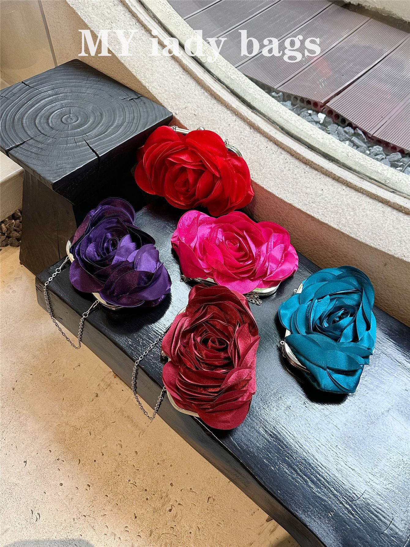 Elegant Teal Rose Floral Clutch Bag with Chain Strap