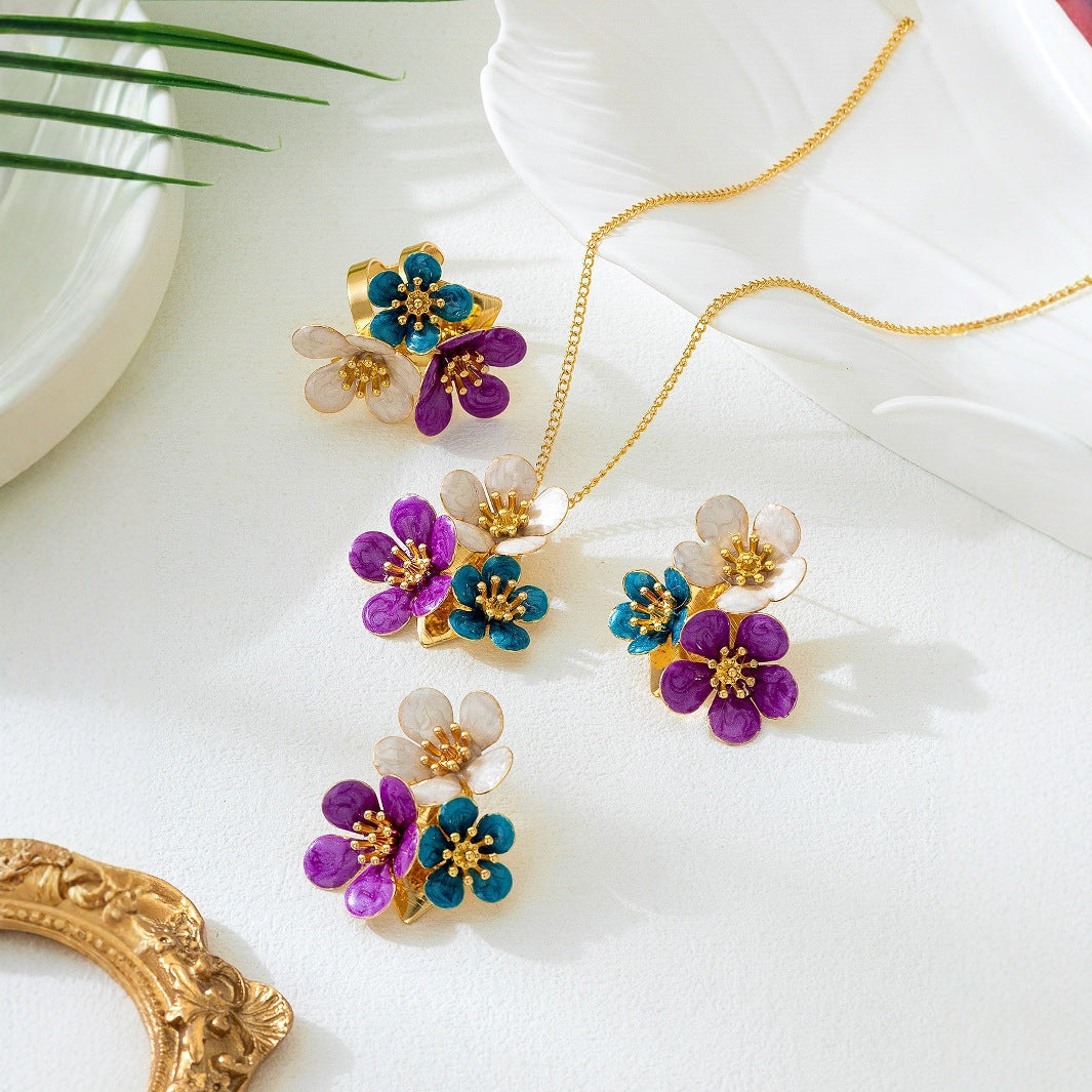 Vibrant Enamel Floral Cluster Jewelry Set - Necklace, Earrings, Ring