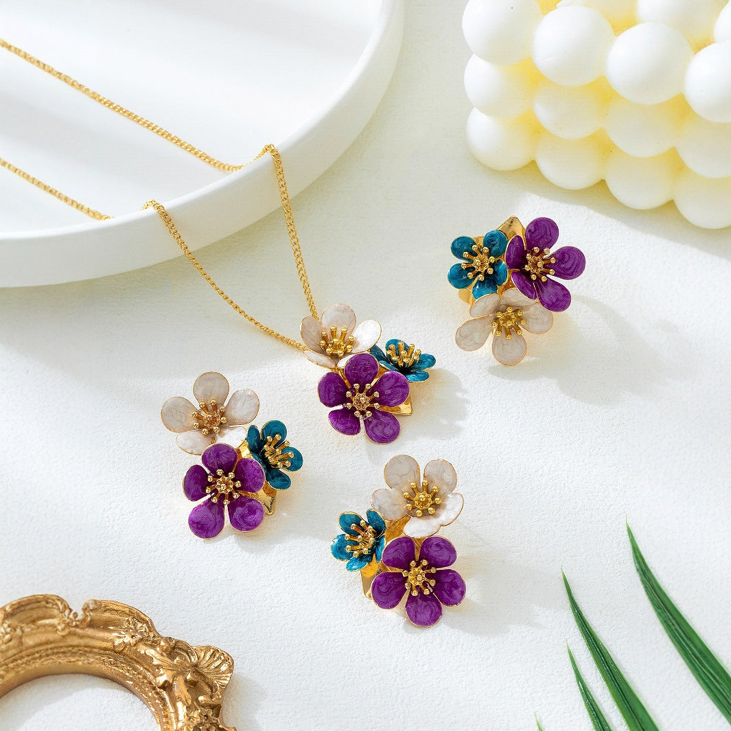 Vibrant Enamel Floral Cluster Jewelry Set - Necklace, Earrings, Ring
