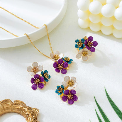 Vibrant Enamel Floral Cluster Jewelry Set - Necklace, Earrings, Ring