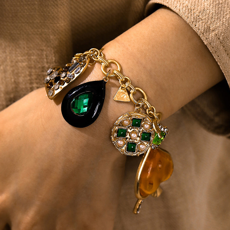 Chunky Gold Charm Bracelet with Emerald, Pavé Crystal & Pearl Charms