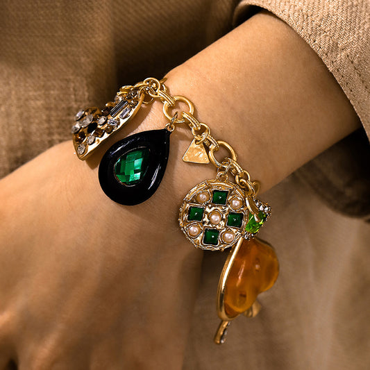 Chunky Gold Charm Bracelet with Emerald, Pavé Crystal & Pearl Charms