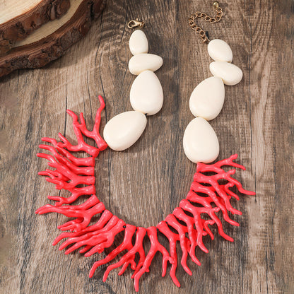 Faux Coral Branch Statement Necklace | Chunky Resin Bib Necklace with Pebble Beads