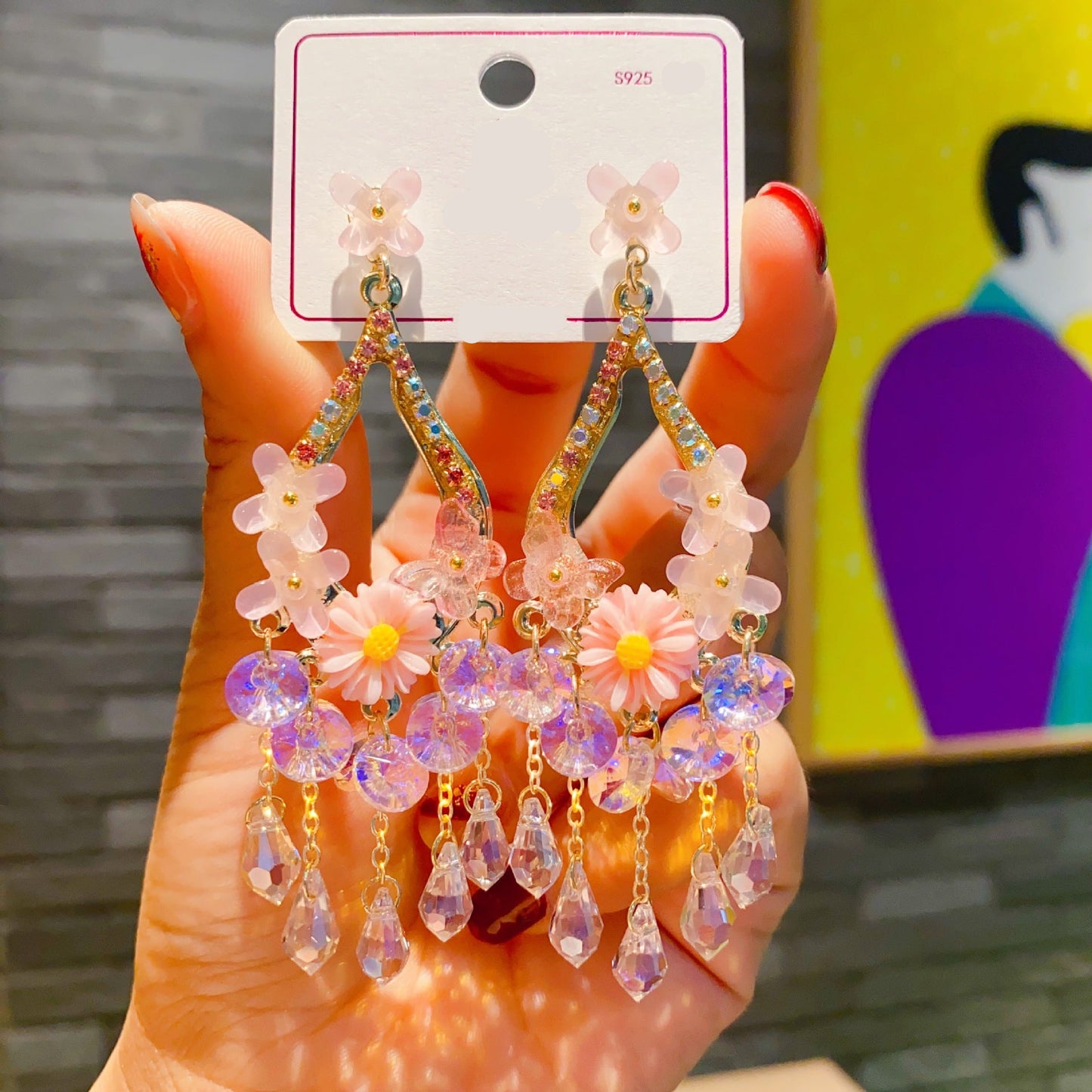 Pink Flower Crystal Drop Earrings – Handmade Dangle Earrings for Girls & Women
