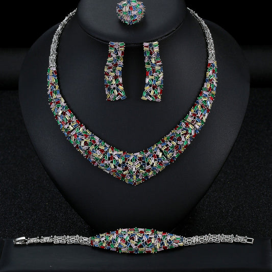 Multi-Color Crystal Statement Jewelry Set | Geometric Silver Necklace & Earrings