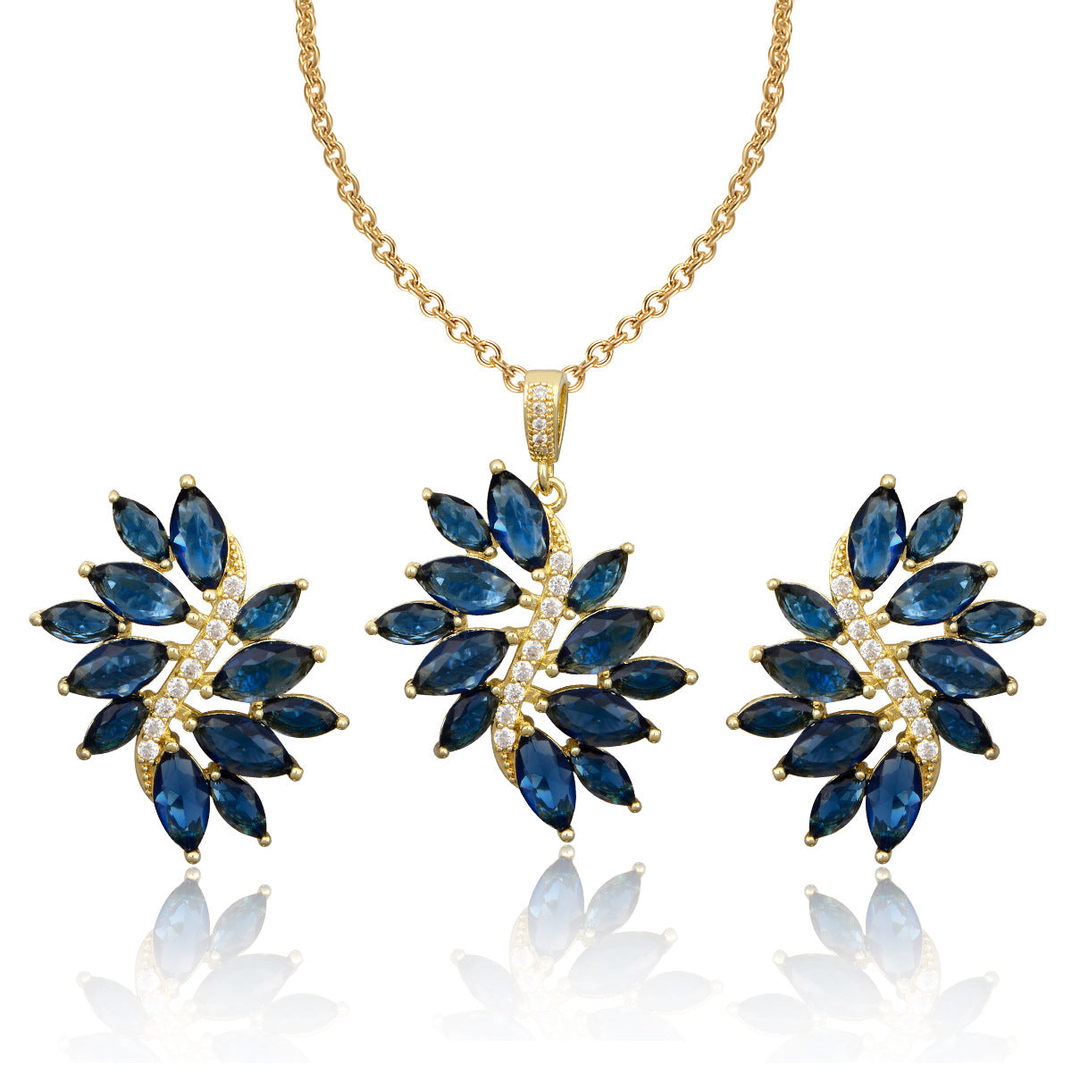 Elegant Sapphire Blue Marquise Crystal Gold-Tone Jewelry Set
