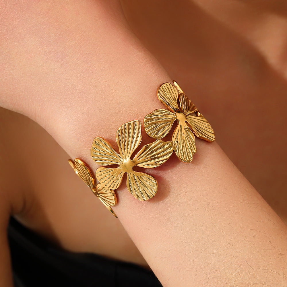 Stainless Steel Floral Cuff | Anti-Tarnish Gold Flower Bracelet