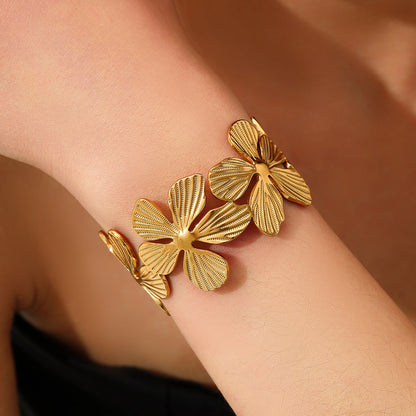 Stainless Steel Floral Cuff | Anti-Tarnish Gold Flower Bracelet
