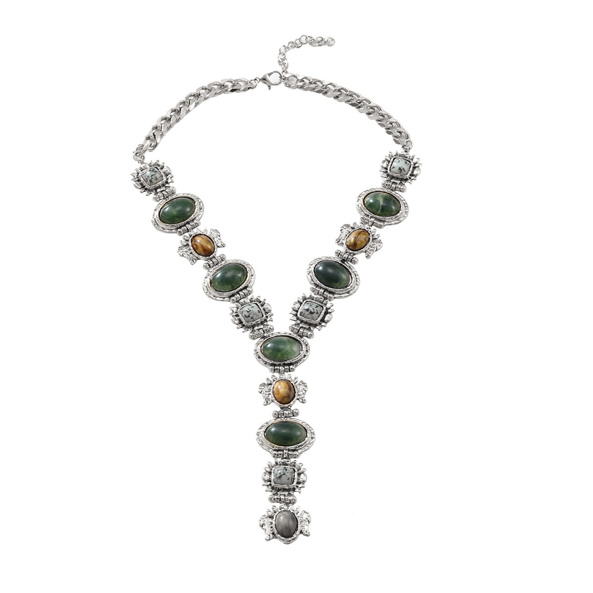 Bohemian Y-Necklace with Green Stones | Vintage Silver Lariat Statement Jewelry