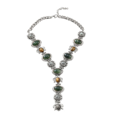 Bohemian Y-Necklace with Green Stones | Vintage Silver Lariat Statement Jewelry
